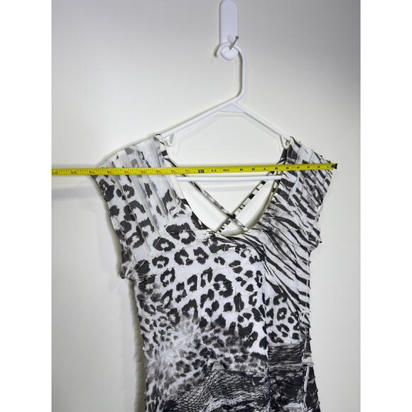 Vintage Black White Multi Animla Print Ruffled Flowy Long Top Y2k, 90s Grudge,Wh - Picture 2 of 10